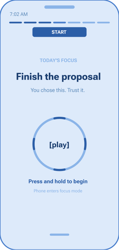 Start screen — finish the proposal, press and hold to begin